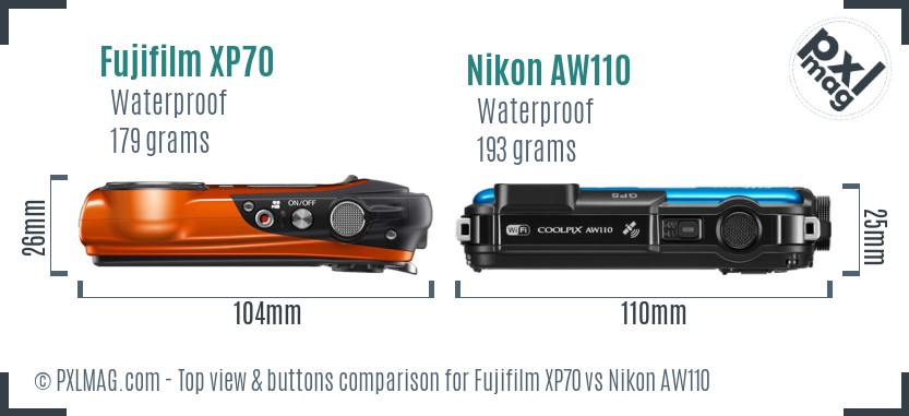 Fujifilm XP70 vs Nikon AW110 top view buttons comparison