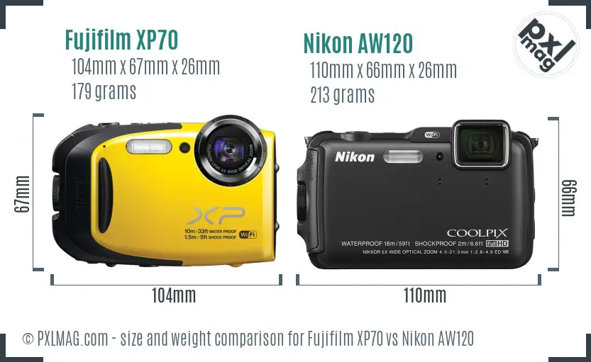 Fujifilm XP70 vs Nikon AW120 size comparison