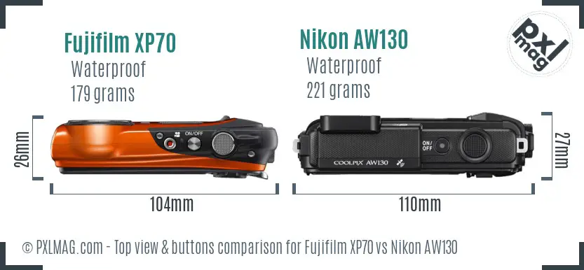 Fujifilm XP70 vs Nikon AW130 top view buttons comparison