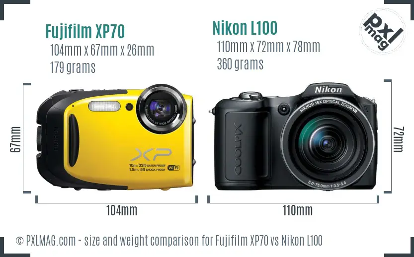 Fujifilm XP70 vs Nikon L100 size comparison