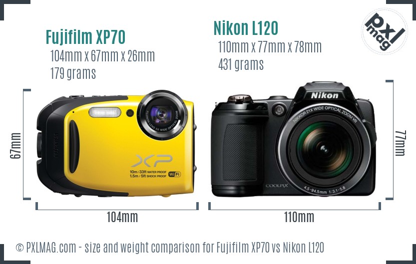 Fujifilm XP70 vs Nikon L120 size comparison