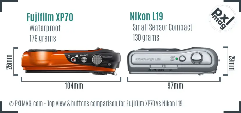 Fujifilm XP70 vs Nikon L19 top view buttons comparison Fujifilm XP70 vs Nikon L19 top view buttons comparison