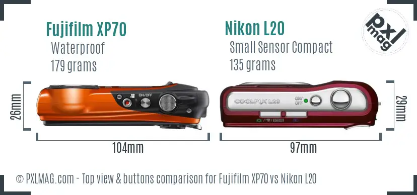 Fujifilm XP70 vs Nikon L20 top view buttons comparison Fujifilm XP70 vs Nikon L20 top view buttons comparison