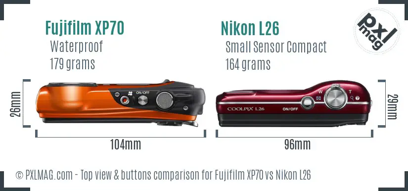 Fujifilm XP70 vs Nikon L26 top view buttons comparison Fujifilm XP70 vs Nikon L26 top view buttons comparison