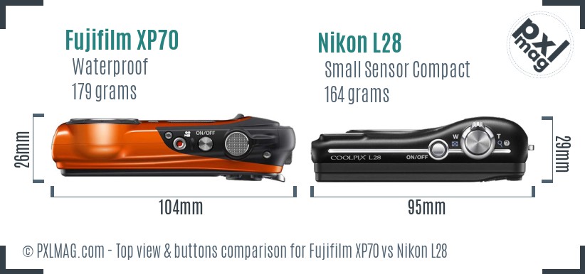 Fujifilm XP70 vs Nikon L28 top view buttons comparison