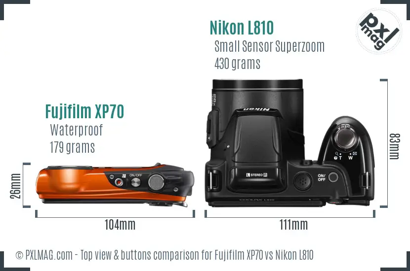 Fujifilm XP70 vs Nikon L810 top view buttons comparison Fujifilm XP70 vs Nikon L810 top view buttons comparison