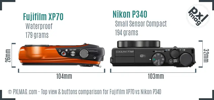 Fujifilm XP70 vs Nikon P340 top view buttons comparison