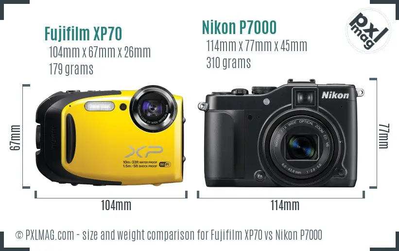 Fujifilm XP70 vs Nikon P7000 size comparison