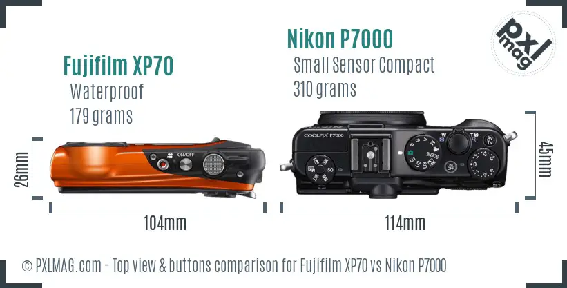 Fujifilm XP70 vs Nikon P7000 top view buttons comparison