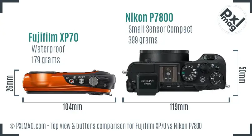 Fujifilm XP70 vs Nikon P7800 top view buttons comparison