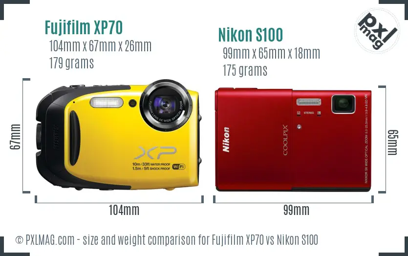 Fujifilm XP70 vs Nikon S100 size comparison