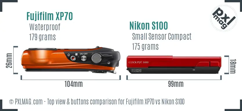 Fujifilm XP70 vs Nikon S100 top view buttons comparison