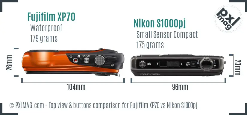 Fujifilm XP70 vs Nikon S1000pj top view buttons comparison