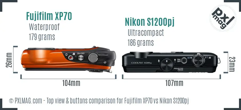 Fujifilm XP70 vs Nikon S1200pj top view buttons comparison