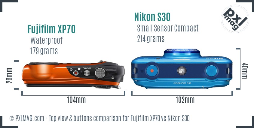 Fujifilm XP70 vs Nikon S30 top view buttons comparison