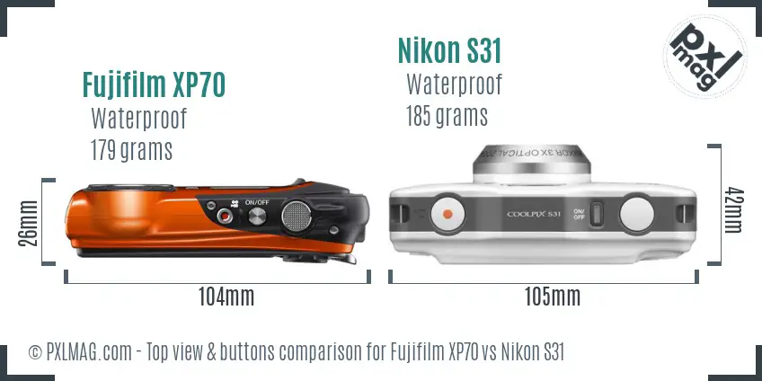 Fujifilm XP70 vs Nikon S31 top view buttons comparison