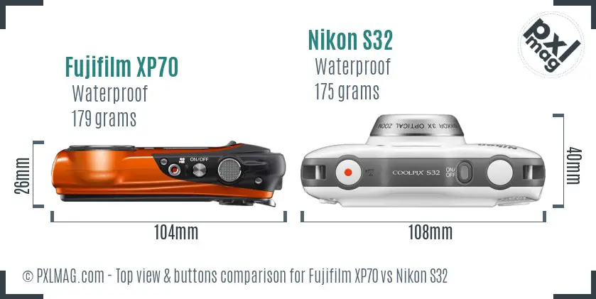 Fujifilm XP70 vs Nikon S32 top view buttons comparison