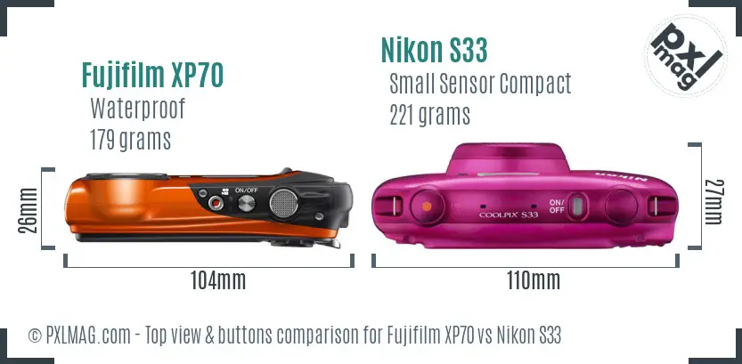 Fujifilm XP70 vs Nikon S33 top view buttons comparison Fujifilm XP70 vs Nikon S33 top view buttons comparison