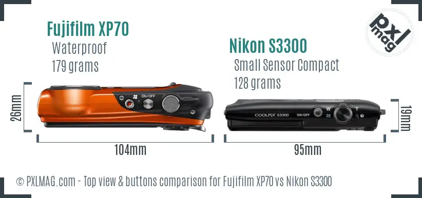 Fujifilm XP70 vs Nikon S3300 top view buttons comparison