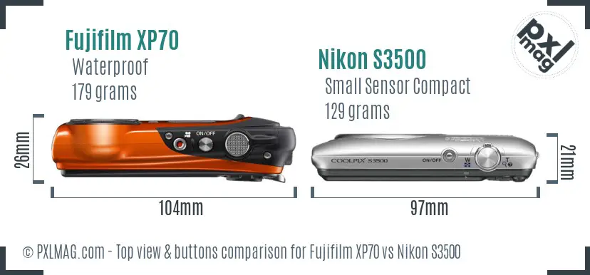 Fujifilm XP70 vs Nikon S3500 top view buttons comparison Fujifilm XP70 vs Nikon S3500 top view buttons comparison