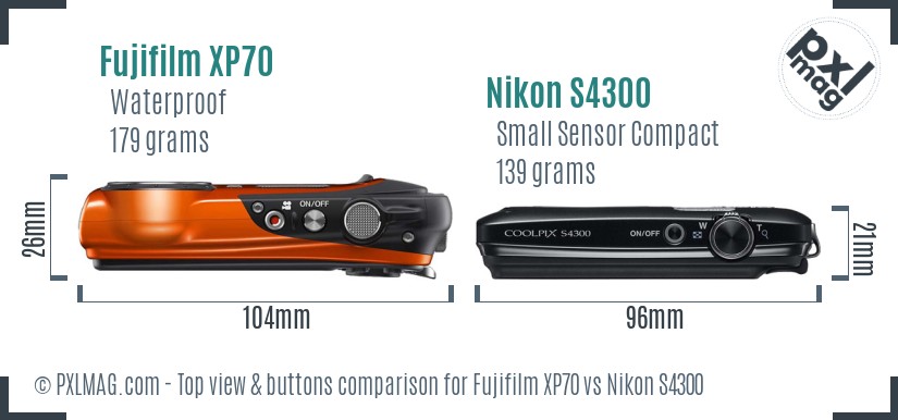 Fujifilm XP70 vs Nikon S4300 top view buttons comparison