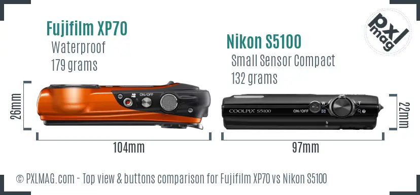 Fujifilm XP70 vs Nikon S5100 top view buttons comparison