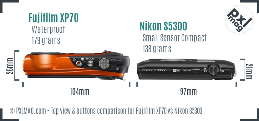 Fujifilm XP70 vs Nikon S5300 top view buttons comparison