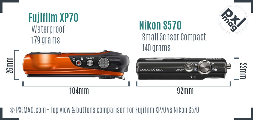 Fujifilm XP70 vs Nikon S570 top view buttons comparison