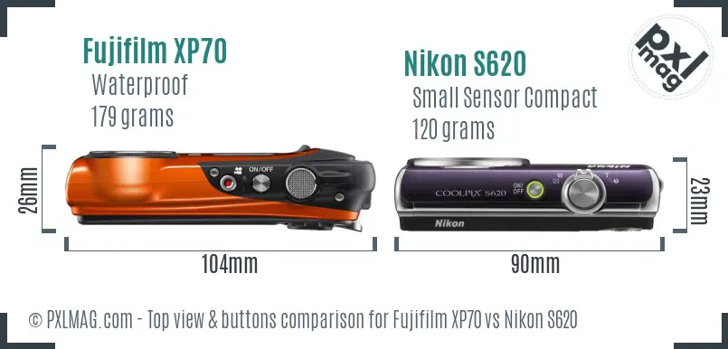 Fujifilm XP70 vs Nikon S620 top view buttons comparison