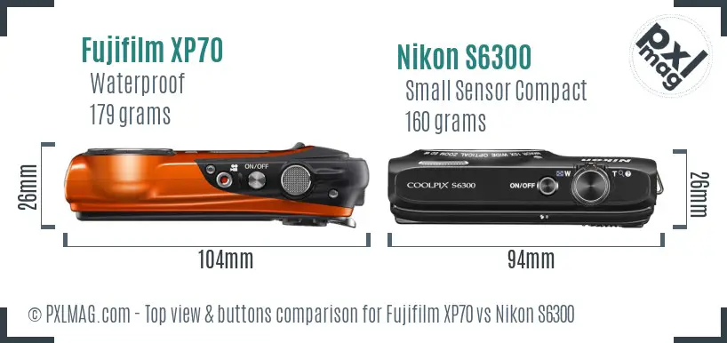 Fujifilm XP70 vs Nikon S6300 top view buttons comparison Fujifilm XP70 vs Nikon S6300 top view buttons comparison