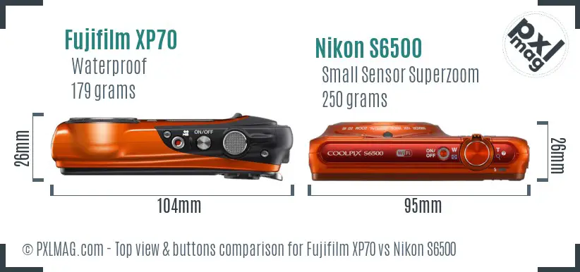 Fujifilm XP70 vs Nikon S6500 top view buttons comparison