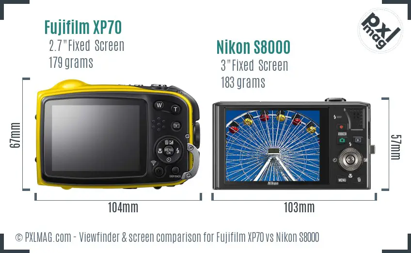 Fujifilm XP70 vs Nikon S8000 Screen and Viewfinder comparison