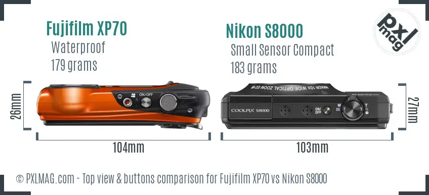 Fujifilm XP70 vs Nikon S8000 top view buttons comparison