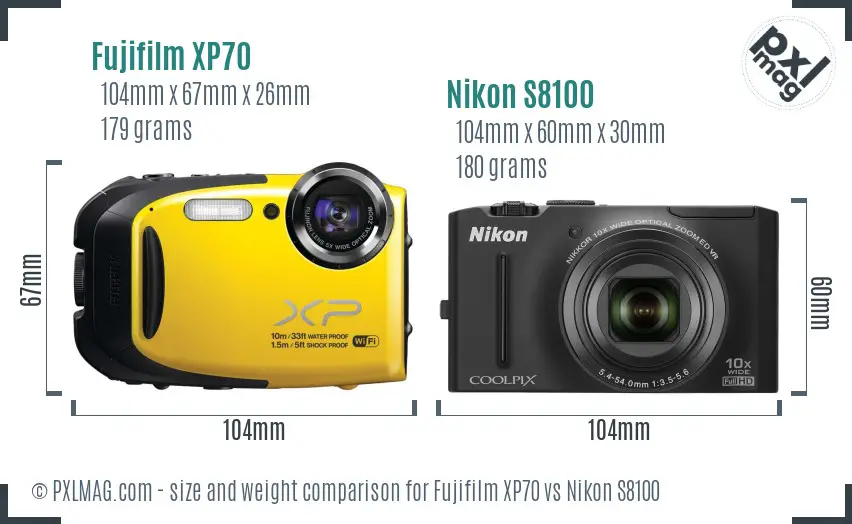 Fujifilm XP70 vs Nikon S8100 size comparison Fujifilm XP70 vs Nikon S8100 size comparison