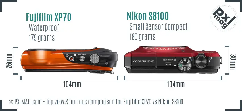 Fujifilm XP70 vs Nikon S8100 top view buttons comparison Fujifilm XP70 vs Nikon S8100 top view buttons comparison