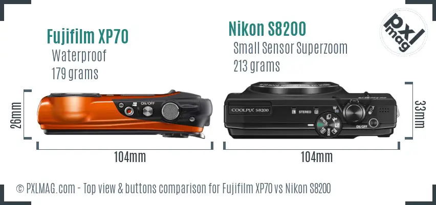 Fujifilm XP70 vs Nikon S8200 top view buttons comparison Fujifilm XP70 vs Nikon S8200 top view buttons comparison