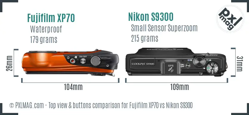 Fujifilm XP70 vs Nikon S9300 top view buttons comparison