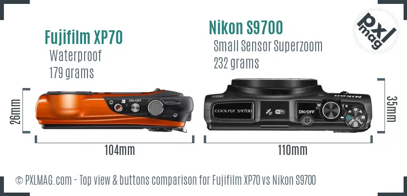Fujifilm XP70 vs Nikon S9700 top view buttons comparison