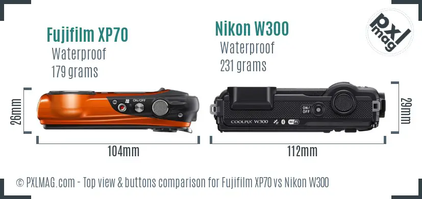 Fujifilm XP70 vs Nikon W300 top view buttons comparison