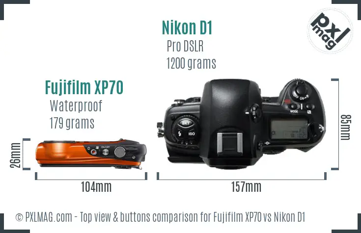 Fujifilm XP70 vs Nikon D1 top view buttons comparison