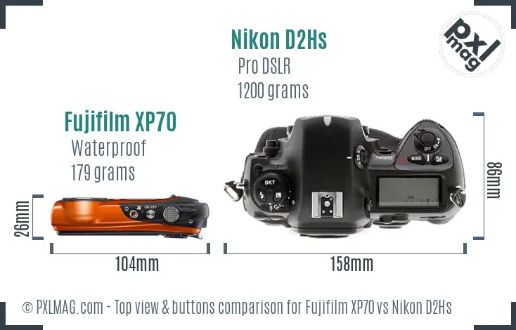 Fujifilm XP70 vs Nikon D2Hs top view buttons comparison