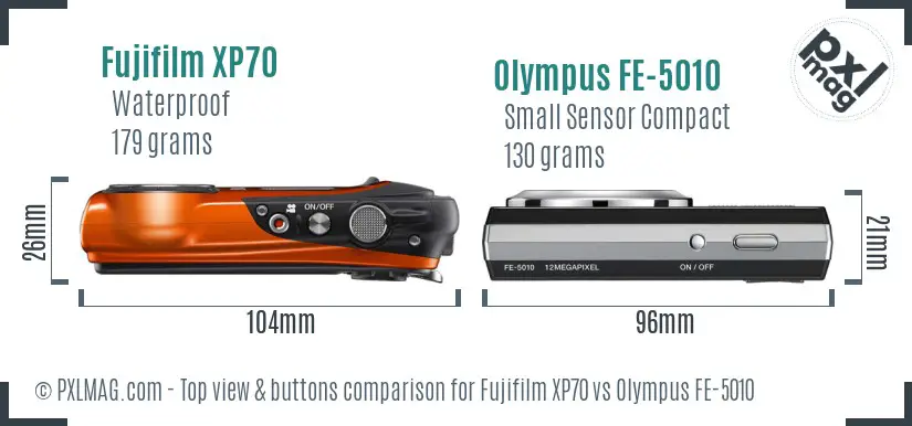 Fujifilm XP70 vs Olympus FE-5010 top view buttons comparison Fujifilm XP70 vs Olympus FE-5010 top view buttons comparison