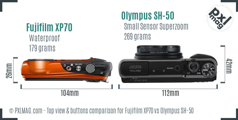 Fujifilm XP70 vs Olympus SH-50 top view buttons comparison Fujifilm XP70 vs Olympus SH-50 top view buttons comparison