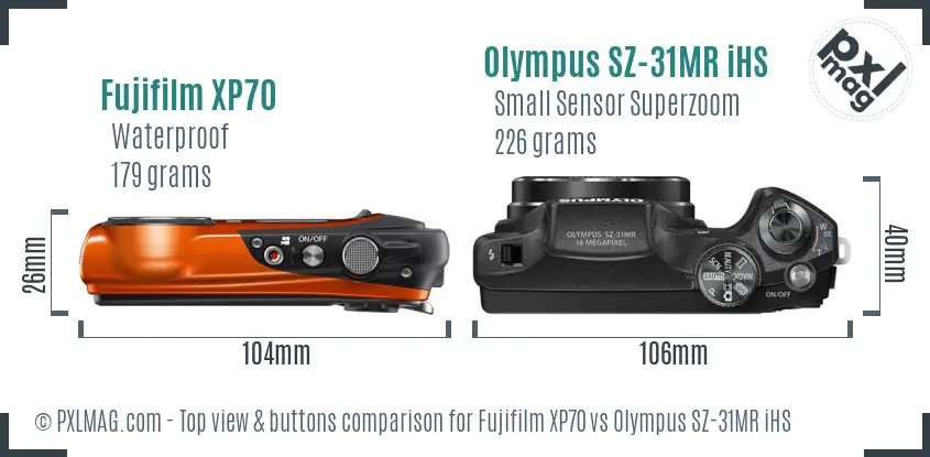 Fujifilm XP70 vs Olympus SZ-31MR iHS top view buttons comparison Fujifilm XP70 vs Olympus SZ-31MR iHS top view buttons comparison