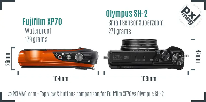 Fujifilm XP70 vs Olympus SH-2 top view buttons comparison Fujifilm XP70 vs Olympus SH-2 top view buttons comparison