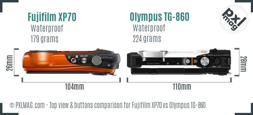 Fujifilm XP70 vs Olympus TG-860 top view buttons comparison Fujifilm XP70 vs Olympus TG-860 top view buttons comparison