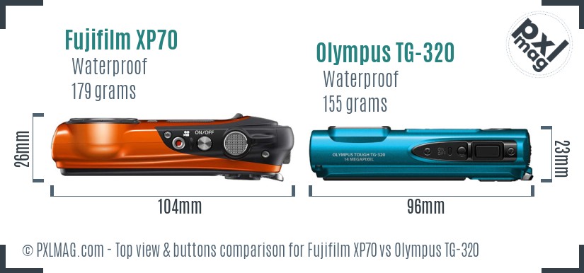 Fujifilm XP70 vs Olympus TG-320 top view buttons comparison