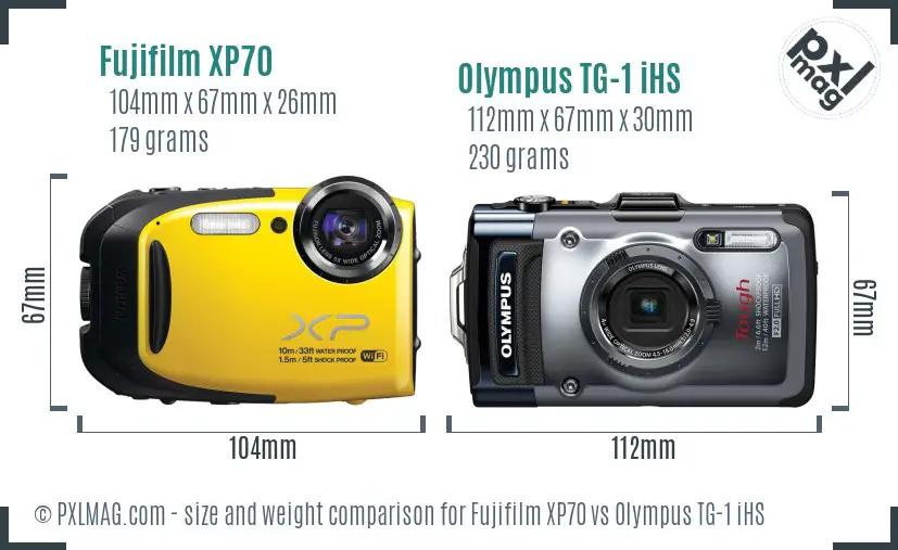 Fujifilm XP70 vs Olympus TG-1 iHS size comparison