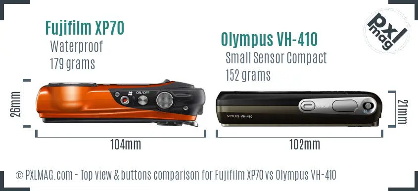 Fujifilm XP70 vs Olympus VH-410 top view buttons comparison Fujifilm XP70 vs Olympus VH-410 top view buttons comparison