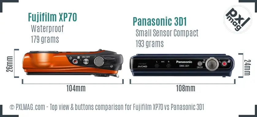 Fujifilm XP70 vs Panasonic 3D1 top view buttons comparison